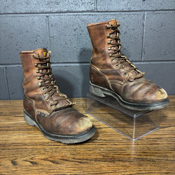 Justin Original Workboots Mens 9.5 EE Brown Leather USA Made Kiltie Logger Boots - Picture 2 of 8